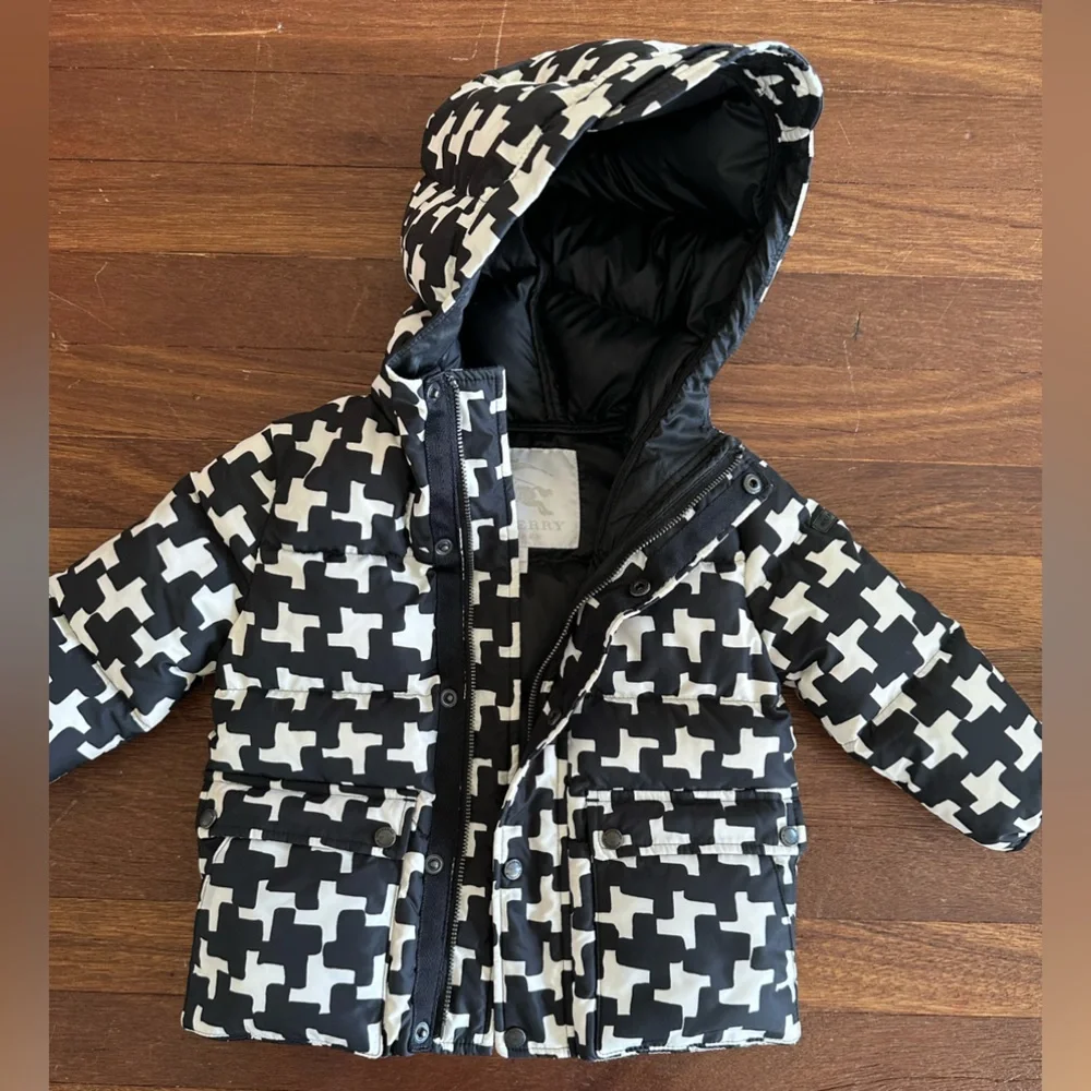 Burberry Toddler Down Puffer Jacket Size 12M Black White Monogram Hood Coat